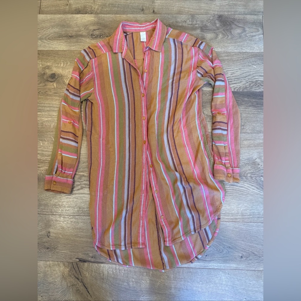 PrAna Womens SzMedium Orange Striped High Low Button Front Shirt Beach Coverup - Picture 3 of 9